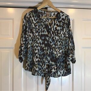 Chico's Leopard Animal Print Blouse with Tie-Front 3/4 Sleeve